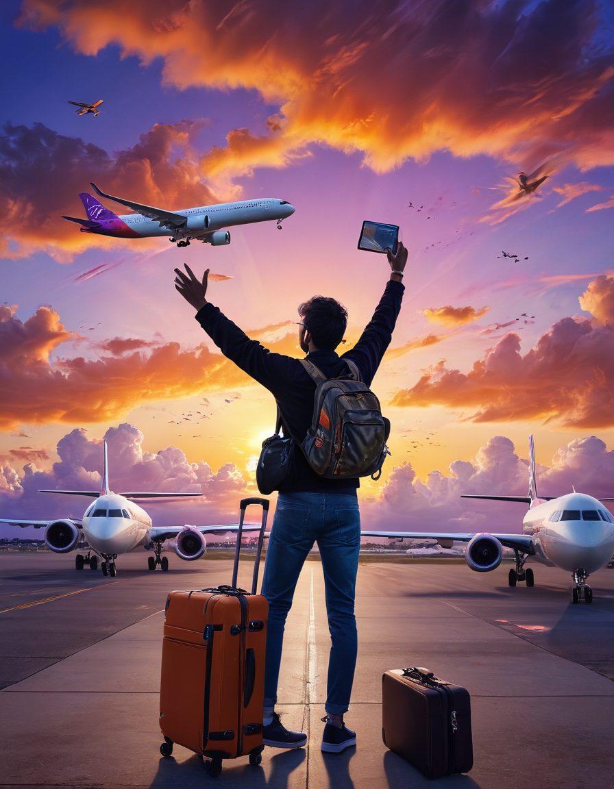 A captivating scene of a traveler standing at an airport with a stunning view of a plane taking off against a vibrant sunset, surrounded by maps and travel gear, embodying the spirit of adventure. The traveler looks excited, holding a passport and a camera. Include elements like flight information screens and playful clouds in the background. super-realistic. vibrant colors. 3D.