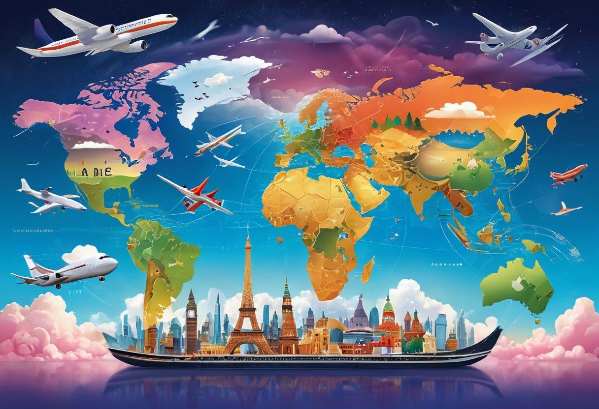 An illustrated world map filled with iconic landmarks symbolizing air travel, like airplanes soaring above scenic landscapes. Include travelers equipped with essential gadgets like a smartphone, travel pillow, and a map, showcasing diverse cultures. The background should feature a vibrant sky transitioning from day to night, dotted with clouds and planes. Simulate an adventurous and professional spirit. vector art. vibrant colors.